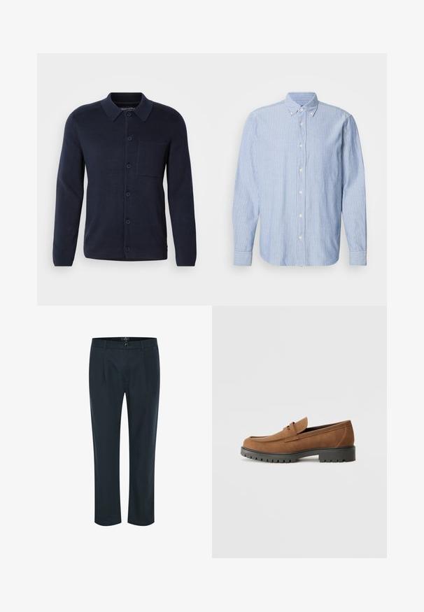 Marineblauwe gebreide cardigan met een kraag, lange mouwen, knopen aan de voorkant en een borstzak. Gemaakt van een zachte stof met een fijne textuur.; Lichtblauw overhemd met witte strepen, met een klassieke kraag en lange mouwen. Gemaakt van geweven stof met een gladde textuur.; Marineblauwe broek met een rechte snit, knoopsluiting, voorplooien en twee zijzakken; gemaakt van een zachte, lichte stof.; Bruine suede instappers met een ronde neus en een lage zwarte rubberen zool, met een decoratieve band en stiksel details op het bovenwerk.