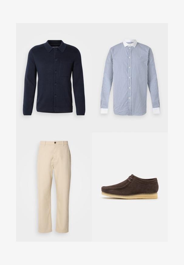 Marineblå strikket cardigan med krave, lange ærmer, forsideknapper og en brystlomme. Lavet af et blødt stof med en fin tekstur.; Langærmet skjorte med knapper, med lodrette blå og hvide striber, hvid krave og hvide manchetter på en ensfarvet baggrund.; Beige bomuldsbukser med lige ben, en frontknaplukning, sidelommer og en glat tekstur. Minimalistisk design, ingen synlige mønstre.; Brune ruskindsko med en glat overflade, rund tå og minimalistisk design. Har en lysgummisål og kontrastfarvet snøredetalje.