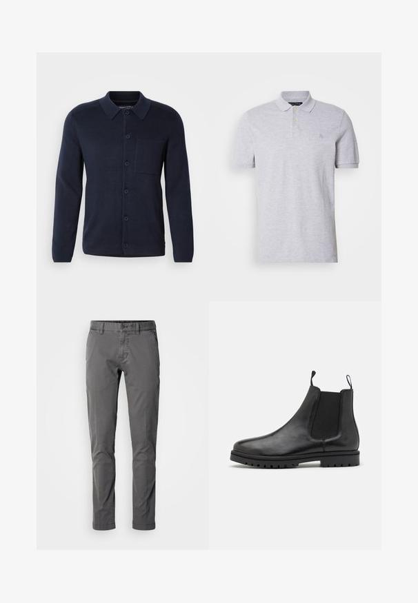 Marineblå strikket cardigan med krave, lange ærmer, forsideknapper og en brystlomme. Lavet af et blødt stof med en fin tekstur.; Grå kortærmet polo-shirt med klassisk krave, der har to guldknapper og et lille broderet logo på brystet. Glat bomuldsstof.; Slim-fit grå bomuldsbukser med knaplukning, sidelommer og en glat tekstur. Har et klassisk design og skræddersyet silhuet.; Sorte læder Chelsea støvler med elastiske sidepaneler, trækkemærker og en struktureret gummisål med et slidbane mønster.