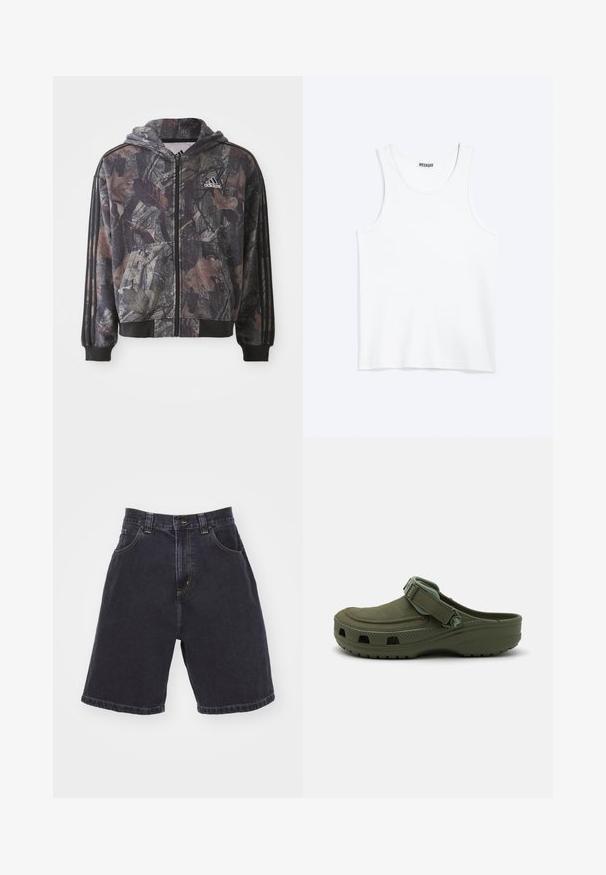 Hættetrøje med lynlås, der har et camouflage-mønster med brune og sorte bladdetaljer, sorte manchetter og tre sorte striber på ærmerne.; Hvid ærmeløs tanktop med rund halsudskæring og Weekday-mærke på den indvendige baghals, vist fladt på lys baggrund.; Mørk denim shorts med høj talje, der har to forlommer, kontrasterende gul syning og en lige pasform med en afsluttet kant.; Grøn gummi klipklap med justerbar rem og ventilationshuller. Glat tekstur, rundt tåparti og hævet sål for komfort.
