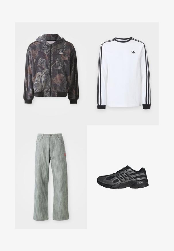 Hættetrøje med lynlås, der har et camouflage-mønster med brune og sorte bladdetaljer, sorte manchetter og tre sorte striber på ærmerne.; Hvid langærmet Adidas-trøje med sort rund hals, sorte manchetter, tre sorte striber ned langs ærmerne og sort trekløverlogo på brystet.; Lys grå lige ben jeans med for- og baglommer, knaplukning og et lille rødt stofmærke på højre side.; Sorte træningssko lavet af mesh og syntetiske materialer, med en tekstureret overflade, flere grå striber og en polstret krave.