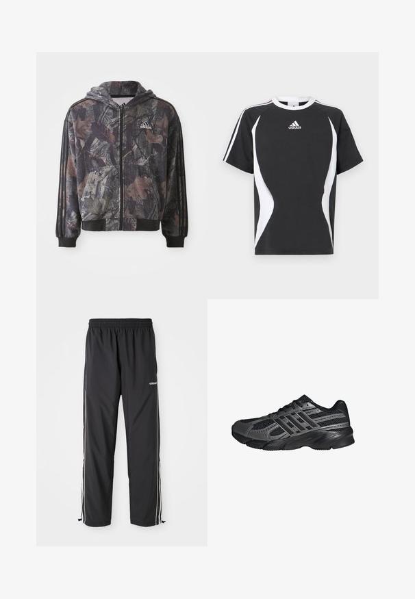 Kapuzensweatjacke mit einem Camouflage-Muster, das braune und schwarze Blätterdetails zeigt, schwarze Bündchen und drei schwarze Streifen an den Ärmeln hat.; Schwarzes kurzärmeliges T-Shirt mit weißen Designakzenten und Adidas-Logo auf der Brust. Hergestellt aus weichem Baumwollmaterial mit Rundhalsausschnitt.; Schwarze Sporthose aus leichtem Material, mit weißen Seitenstreifen, einem elastischen Bund und verstellbaren Knöchelbündchen.; Schwarze Sportschuhe aus Netz- und synthetischem Material, mit einer strukturierten Oberfläche, mehreren grauen Streifen und einem gepolsterten Schaft.