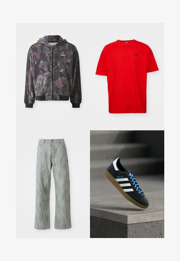 Hættetrøje med lynlås, der har et camouflage-mønster med brune og sorte bladdetaljer, sorte manchetter og tre sorte striber på ærmerne.; Rød bomulds T-shirt med korte ærmer og rund hals. Har et lille sort logo på venstre bryst og en lige kant.; Lys grå lige ben jeans med for- og baglommer, knaplukning og et lille rødt stofmærke på højre side.; Sort Adidas sneaker med hvide striber, blå snørebånd og gummisål, der svæver over gråt betontrin i blødt lys.