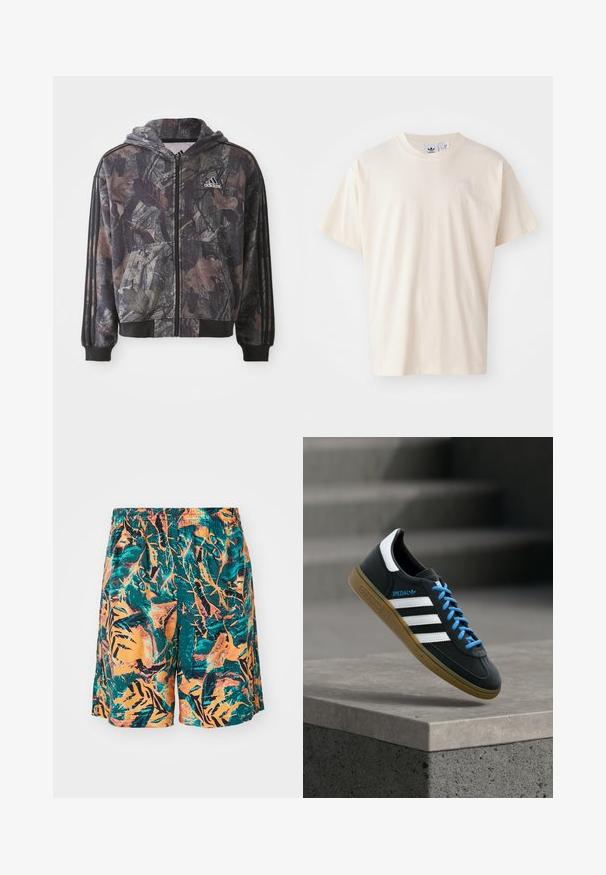 Chaqueta con capucha y cremallera que presenta un patrón de camuflaje con detalles en hojas marrones y negras, puños negros y tres rayas negras en las mangas.; Camiseta de algodón color crema con cuello redondo y mangas cortas; presenta un pequeño logo de color claro en el pecho.; Bañador con un patrón de hojas de jungla en naranja, verde azulado y negro, fabricado en tejido liviano y con una cinturilla elástica para mayor comodidad.; Zapatilla negra Adidas con franjas blancas, cordones azules y suela de goma flotando sobre un escalón de hormigón gris con luz suave.