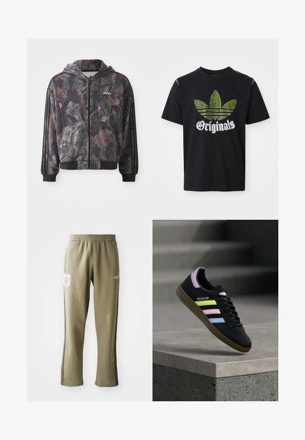 Gevoerde zip-up hoodie met een camouflagepatroon en bruine en zwarte bladdetails, zwarte manchetten en drie zwarte strepen op de mouwen.; Zwarte katoenen t-shirt met een versleten groene grafiek met drie strepen en het woord "Originals" hieronder in het wit, ronde halslijn, korte mouwen.; Olijfgroene sweatpants met een elastische tailleband, zijzakken, zwarte zijstreepjes en een logo-patch op de dij.; Zwarte Adidas Spezial sneaker met pastelgele, roze en blauwe strepen, lavendelkleurig hielhaakje en bruine zool, zwevend boven een betonnen richel.