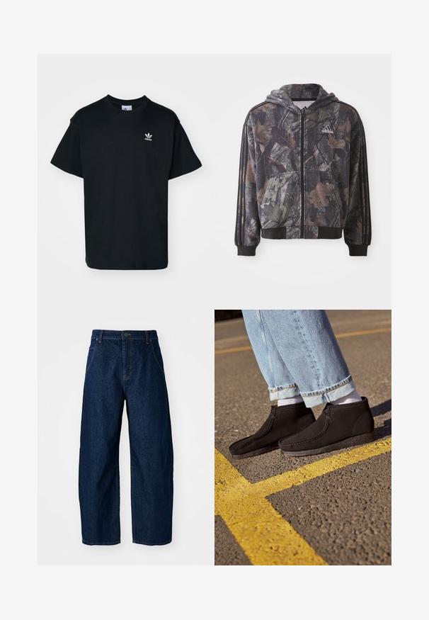 Kapuzensweatjacke mit einem Camouflage-Muster, das braune und schwarze Blätterdetails zeigt, schwarze Bündchen und drei schwarze Streifen an den Ärmeln hat.; Schwarzes Baumwoll-T-Shirt mit Rundhalsausschnitt und kurzen Ärmeln, das ein kleines weißes Adidas-Logo auf der linken Brustseite trägt.; Hellebeine Jeans aus dunklem Denim mit hoher Taille, fünf Taschen, vorderem Knopfverschluss und sichtbaren Nähten.; Schwarze Wildleder-Ankle-Boots mit glatter Textur, abgerundetem Zeh und genähten Details. Kombiniert mit hellblauen, hochgekrempelten Jeans und weißen Socken.
