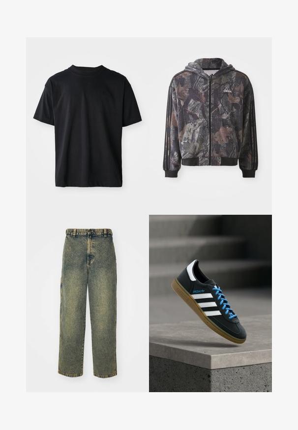 Kapuzensweatjacke mit einem Camouflage-Muster, das braune und schwarze Blätterdetails zeigt, schwarze Bündchen und drei schwarze Streifen an den Ärmeln hat.; Schwarzes Crew-Neck-T-Shirt aus Baumwolle. Kurze Ärmel, Standardpassform, keine sichtbaren Muster, minimalistisches Design mit subtilen Logodetails.; Baggy-Jeans aus Denim in einer verblassten Blauen und Grünen Waschung. Mit Knopfverschluss, Gürtelschlaufen und Seitentaschen. Flaches Vorderteil und gerades Bein-Design.; Schwarzer Adidas-Sneaker mit weißen Streifen, blauen Schnürsenkeln und Gummisohle, der über einer grauen Betontreppe im weichen Licht schwebt.