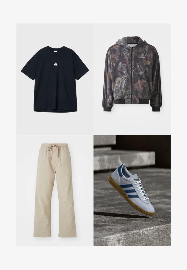 Veste zippée à capuche arborant un motif camouflage avec des détails de feuilles brunes et noires, des poignets noirs et trois rayures noires sur les manches.; T-shirt en coton noir avec un col rond, des manches courtes et un petit logo graphique blanc sur la poitrine. Texture douce, coupe décontractée.; Pantalons en coton beige avec une taille élastique et un cordon de serrage. Conception à jambe droite, texture lisse et sans motifs ni accents visibles.; Baskets Adidas Spezial bleu clair avec des rayures bleu marine et une semelle en gomme, montrées en l'air au-dessus d'escaliers en béton dans un environnement extérieur neutre.