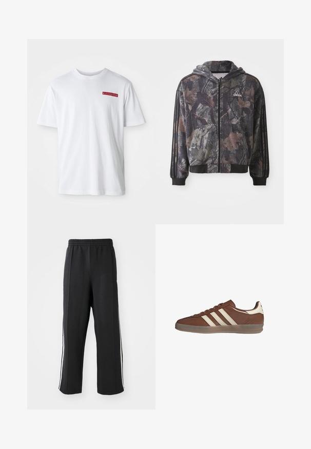 Gevoerde zip-up hoodie met een camouflagepatroon en bruine en zwarte bladdetails, zwarte manchetten en drie zwarte strepen op de mouwen.; Witte katoenen t-shirt met een ronde hals, korte mouwen en een klein rood grafisch detail op de linkerborst.; Zwarte trainingsbroek met een elastische tailleband, voorzien van witte zijstrepen en een relaxte pasvorm. Gemaakt van zachte, rekbare stof.; Lage bruine leren sneaker met witte strepen en hielstuk, doorschijnende zool en vetersluiting op een witte achtergrond.