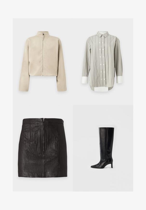 Gekürzte, beige Reißverschlussjacke mit hohem Kragen und langen Ärmeln. Hergestellt aus glattem Stoff mit dezentem Glanz und minimalen Nahtdetails.; Gestreiftes Hemd in Grau und Weiß, mit klassischem Kragen, Knopfverschluss mit weißen Knöpfen und kontrastierenden weißen Manschetten. Lange Ärmel.; Schwarzer Leder-Minirock mit einem Reißverschluss vorne und dezenten vertikalen Nahtdetails auf einem einfarbigen Hintergrund.; Schwarze kniehohe Stiefel aus glattem Leder, mit spitzer Zehenpartie und schlankem Absatz, ausgestattet mit einem anliegenden Schaft und minimalistischem Design.