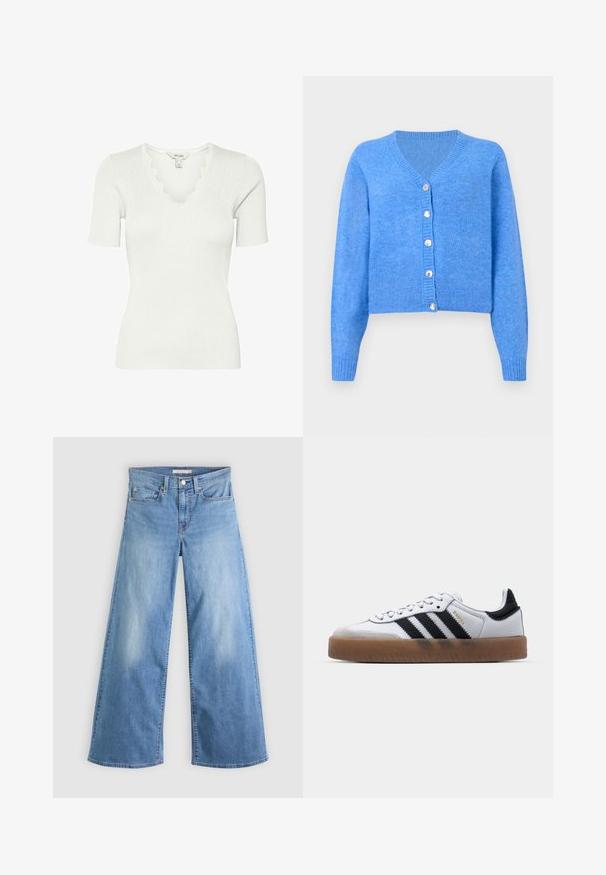 Cardigan en tricot bleu avec un décolleté en V, des manches longues et six boutons en métal argenté sur le devant. Texture douce avec des poignets et un ourlet côtelés.; Haut blanc côtelé à manches courtes avec encolure en V festonnée, silhouette ajustée et petite étiquette en tissu au niveau de l'arrière du col.; Jeans larges bleu clair en denim, avec une taille haute, une fermeture éclair et un bouton à l'avant, et un design classique à cinq poches.; Baskets en cuir blanc avec des rayures noires, semelle extérieure en caoutchouc beige, bout rond, fermeture lacée et embout en suède gris doux.