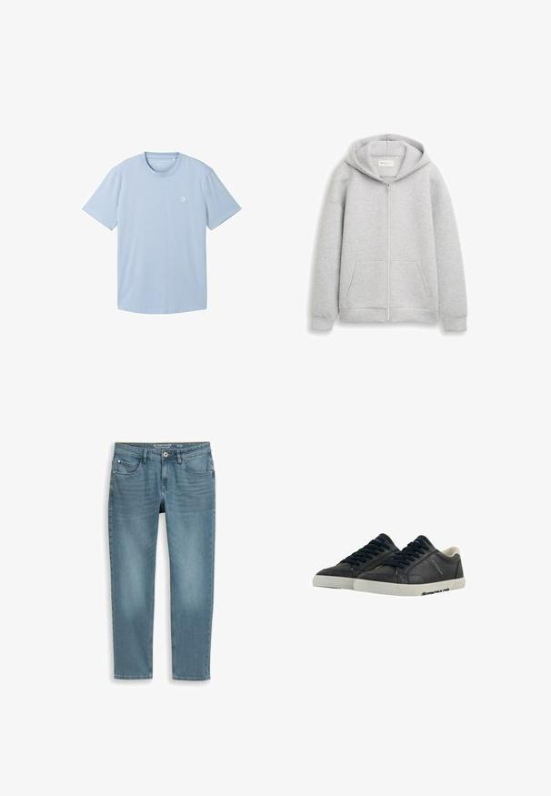 Graue Zip-Hoodie aus weichem Stoff, mit einem Frontreißverschluss, zwei vorderen Taschen und einer Kapuze mit Kordelzug. Glatte Textur mit gerippten Bündchen.; Hellblaues T-Shirt mit kurzen Ärmeln aus weichem Stoff, mit einem runden Ausschnitt und einem kleinen Logo auf der linken Brustseite. Einfache Textur.; Hellblaue Jeans aus Denim mit Vordertaschen, Gürtelschlaufen, Knopfverschluss und subtilen Verblassungen an Oberschenkeln und Knien.; Marineblaue Leder-Sneaker mit weißen Gummisohlen, runder Spitze und schwarzen Schnürsenkeln. Subtile Texturen und Branding an den Seiten. Lässiges Design.