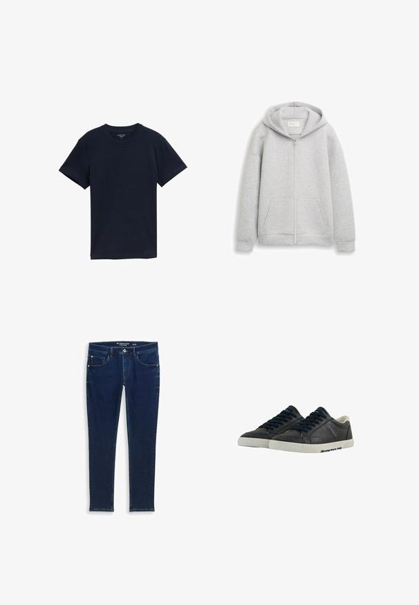 Graue Zip-Hoodie aus weichem Stoff, mit einem Frontreißverschluss, zwei vorderen Taschen und einer Kapuze mit Kordelzug. Glatte Textur mit gerippten Bündchen.; Marineblaue Baumwoll-T-Shirt, kurze Ärmel, Rundhalsausschnitt, glatte Textur, einfaches Design, keine Muster oder Akzente, gerade Saumlinie.; Dunkelblaue Denim-Jeans im Slim-Fit. Verfügt über fünf Taschen, genähte Details und einen Knopfverschluss am Bund.; Marineblaue Leder-Sneaker mit weißen Gummisohlen, runder Spitze und schwarzen Schnürsenkeln. Subtile Texturen und Branding an den Seiten. Lässiges Design.