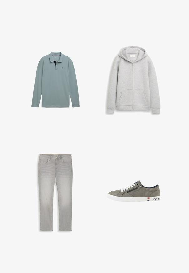 Grå zip-up hættejakke lavet af blødt stof, med en frontlynlås, to forreste lommer og en hætte med snoretræk. Glat tekstur med ribbede manchetter.; Langærmet polo-shirt i lys blå med en kontrastfarvet navy krave. Cotton materiale, med et lille logo på venstre bryst. Klassisk pasform.; Lysegrå jeans med lige ben, fem lommer, bæltestropper, knaplukning og subtil falmning på lårene. Størrelse 32/32, mærket Tom Tailor.; Grå lavtop-sneaker med hvide snørebånd, sidelås og hvid sål med røde, hvide og blå striber samt Tom Tailor-branding.