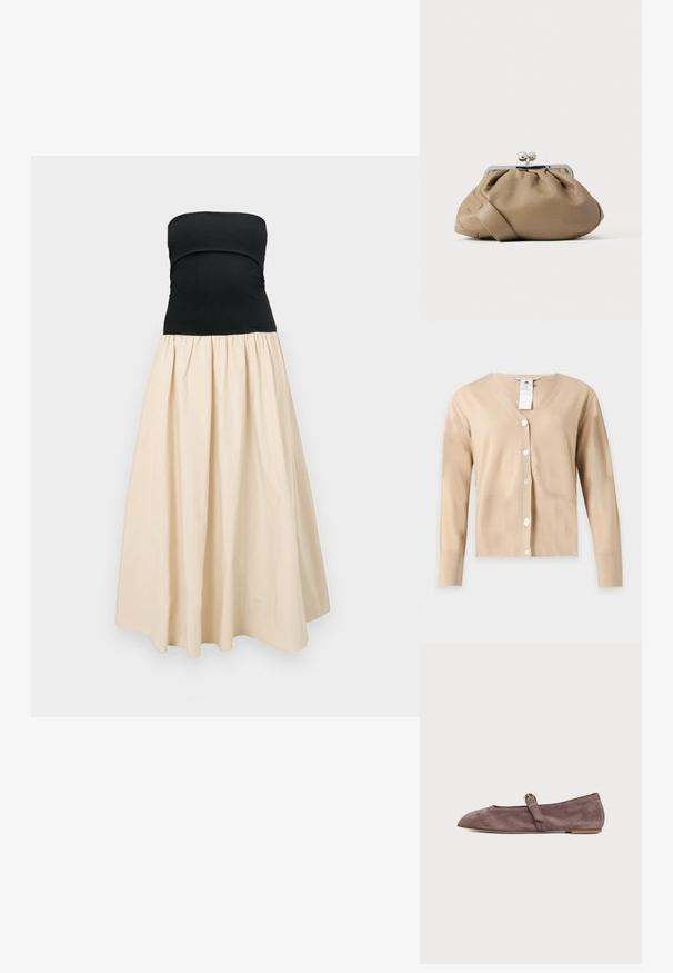 Cardigan beige à manches longues et col en V avec cinq boutons blancs sur le devant et une étiquette d'entretien visible au niveau de l'encolure.; Robe bustier avec corsage noir ajusté et jupe crème pleine et froncée, présentée sur un fond clair uni.; Chaussure plate Mary Jane en daim marron avec un bout pointu et une petite bride à boucle dorée sur fond blanc.; Sac à main en cuir fauve avec un design froncé et une fermeture à clip argentée. Doté d'une sangle fine et plate et d'une texture lisse.
