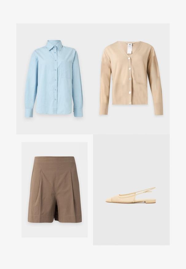 Cardigan beige à manches longues et col en V avec cinq boutons blancs sur le devant et une étiquette d'entretien visible au niveau de l'encolure.; Chemise bleu clair à manches longues, boutonnée, avec col et poche poitrine, présentée sur un fond blanc uni.; Shorts taille haute texturés marron avec plis à l'avant, ourlet droit et coupe ajustée.; Chaussure plate slingback en beige clair avec une tige en maille, un bout pointu et un petit talon. Dotée d'une sangle ajustable pour un bon maintien.
