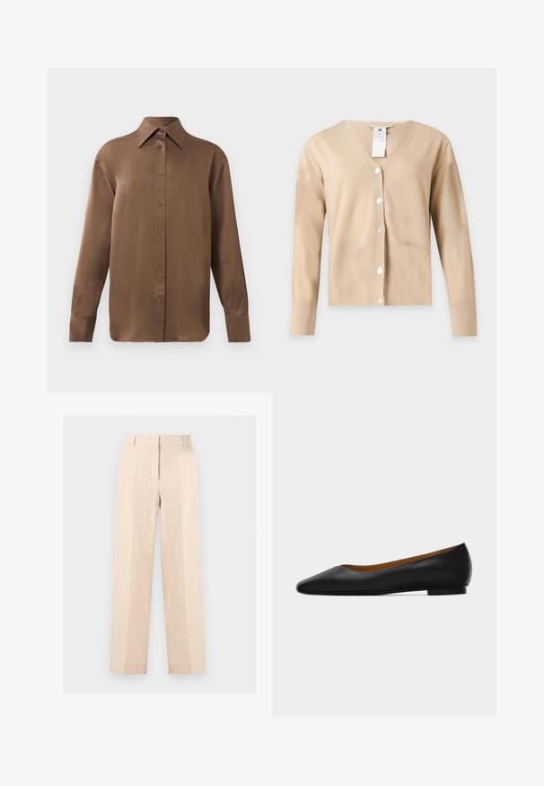 Beige lange mouwen V-hals vest met vijf witte knopen aan de voorkant en een zichtbaar waslabel bij de halslijn.; Bruine overhemd met lange mouwen en knopen, voorzien van een spitse kraag en manchetten, op een eenvoudige witte achtergrond weergegeven.; Beige rechte broek met hoge taille, voorplooi, verborgen rits en riemlussen, afgebeeld op een effen lichte achtergrond.; Zwarte leren puntschoen met lage hak en gladde afwerking, zijaanzicht op een lichtgrijze achtergrond.