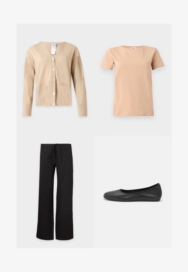 Cardigan beige à manches longues et col en V avec cinq boutons blancs sur le devant et une étiquette d'entretien visible au niveau de l'encolure.; T-shirt beige manches courtes avec col rond et ourlet droit sur un fond uni gris clair.; Pantalon noir à jambes larges avec taille à cordon, présenté à plat sur fond blanc.; Ballerines en cuir noir avec un bout rond, texture lisse, détails de couture minimalistes et design de semelle flexible.