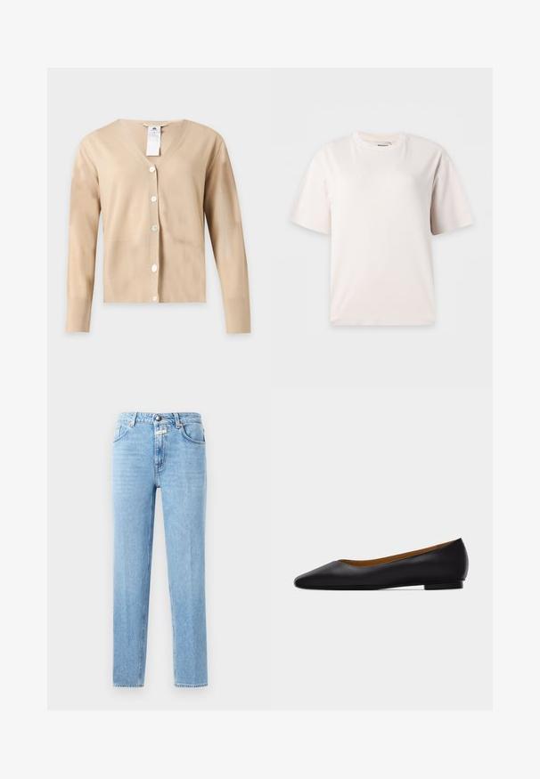 Cardigan beige à manches longues et col en V avec cinq boutons blancs sur le devant et une étiquette d'entretien visible au niveau de l'encolure.; T-shirt blanc uni à manches courtes avec col rond, présenté sur un fond gris clair.; Jean en denim bleu clair avec une coupe droite, un design à cinq poches et un système de fermeture à bouton en métal. Tissu texturé avec un léger délavage.; Chaussure plate en cuir noir à bout pointu avec talon bas et finition lisse, vue de côté sur un fond gris clair.