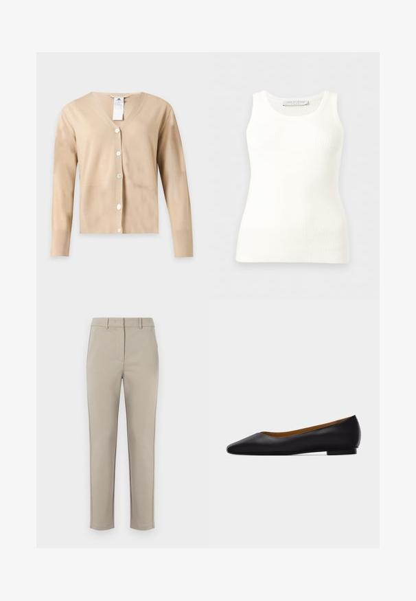 Cárdigan beige de manga larga con cuello en V, cinco botones blancos en el frente y una etiqueta de cuidado visible en el escote.; Camiseta sin mangas blanca acanalada con cuello redondo, corte ajustado y etiqueta de la marca en el interior del cuello trasero.; MM by MaxMara EFFETTO - Pantalones - sand; Zapato plano de punta puntiaguda de cuero negro con tacón bajo y acabado liso, mostrado de perfil sobre un fondo gris claro.