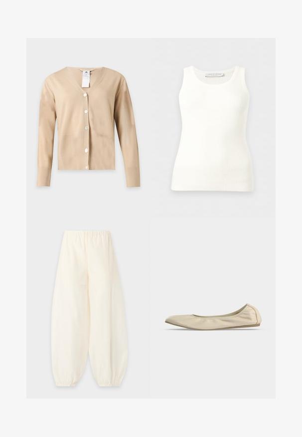 Cardigan beige à manches longues et col en V avec cinq boutons blancs sur le devant et une étiquette d'entretien visible au niveau de l'encolure.; Débardeur blanc côtelé sans manches avec encolure ronde, coupe ajustée, et étiquette de la marque à l'intérieur du col arrière.; Pantalon ample de couleur crème avec une ceinture élastique et des poignets élastiques froncés aux chevilles sur un fond uni.; Ballerine beige en cuir souple avec bout arrondi, profil latéral bas et semelle fine en caoutchouc sur fond blanc uni.