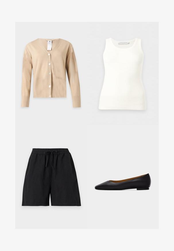 Cardigan beige à manches longues et col en V avec cinq boutons blancs sur le devant et une étiquette d'entretien visible au niveau de l'encolure.; Débardeur blanc côtelé sans manches avec encolure ronde, coupe ajustée, et étiquette de la marque à l'intérieur du col arrière.; Short noir décontracté avec ceinture élastique et cordon à l'avant, avec poches latérales et coupe ample.; Chaussure plate en cuir noir à bout pointu avec talon bas et finition lisse, vue de côté sur un fond gris clair.