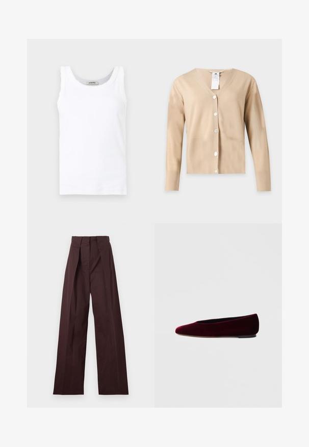 Cardigan beige à manches longues et col en V avec cinq boutons blancs sur le devant et une étiquette d'entretien visible au niveau de l'encolure.; Débardeur blanc sans manches en maille côtelée avec encolure ronde et bordure délicate en dentelle le long des bords, présenté sur un fond uni.; Pantalon taille haute marron foncé ajusté avec jambes larges et plis avant, présenté à plat sur un fond clair.; Ballerines en velours bordeaux avec un bout arrondi et un talon bas, présentant une texture lisse et un design élégant.