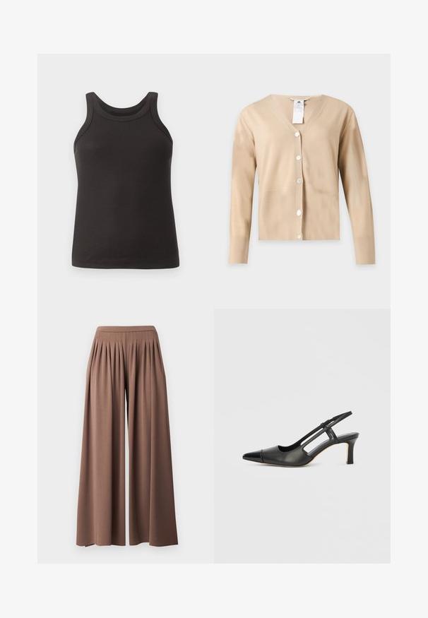 Cardigan beige à manches longues et col en V avec cinq boutons blancs sur le devant et une étiquette d'entretien visible au niveau de l'encolure.; Débardeur noir à côtes avec un col arrondi et de larges bretelles. Fabriqué en tissu doux et extensible, il présente un design ajusté.; Pantalon marron à jambes larges avec une taille haute et des plis sur le devant, créant une coupe fluide et décontractée.; Chaussure à bride arrière en cuir noir avec bout pointu, dotée d'un accent brillant sur le bout et d'un talon de hauteur moyenne. Design latéral ouvert.