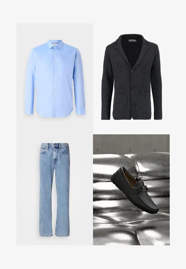 Donkergrijze gebreide cardigan met een gestructureerd patroon, reverskraag, drie knopen en twee voorkinnen. Zachte stof en casual ontwerp.; Lichtblauwe, lange mouw, knoopshirt van geweven stof. Beschikt over een klassieke kraag en zes knopen aan de voorkant. Romige textuur en een getailleerd ontwerp.; Lichtblauwe denim jeans met een recht ontwerp, vijf zakken en een knoopsluiting. Stikdetails nabij de zakken en de tailleband.; Zwarte leren loafer met metalen gespsdetail zweeft boven een glanzende zilveren leren bank.