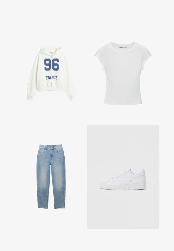 Witte hoodie met rits en capuchon, grote donkerblauwe "96" op de borst en tekst "FRANCE" eronder, met zakken aan de voorkant en geribbelde manchetten.; Witte katoenen T-shirt met korte, opgerolde mouwen, een ronde halslijn en een rechte zoom. Gladde textuur zonder zichtbare patronen of accenten.; Lichtblauwe denim jeans met rechte pijpen, voorzien van een knoopsluiting aan de voorkant, rits en vijf zakken, afgebeeld tegen een witte achtergrond.; Witte Nike Air Force 1 sneakers met een leren bovenwerk, ronde neus, vetersluiting, gewatteerde kraag en textuurrubberzool.