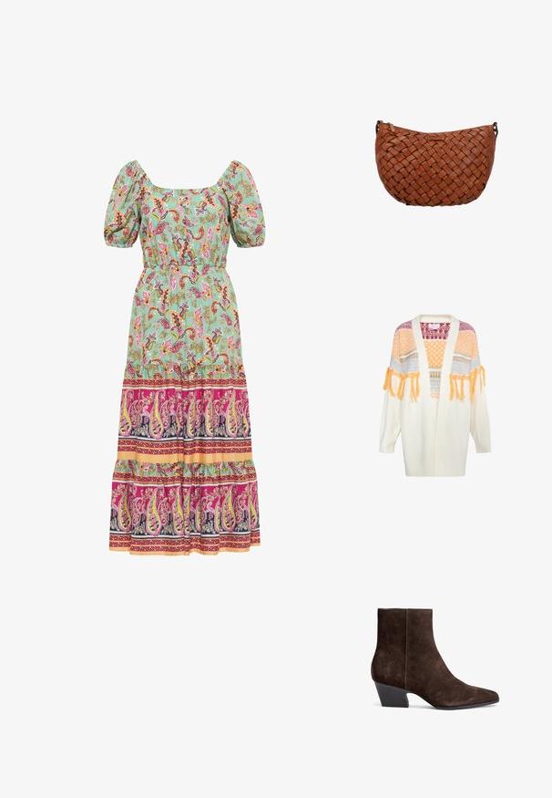 Cremefarvet strikket cardigan med åben front, der har farverige teksturerede mønstre og orange frynser på ærmerne.; Grøn maxi kjole med paisley mønster, puffærmer, firkantet udskæring og tiered kant med pink, lilla og gule accenter.; Brune ruskind ankelstøvler med spidse tæer, mellemhøj blokhælt og minimal syning for et elegant udseende.; Brun skuldertaske i læder med flettet mønster og lynlåslukning på toppen, vist mod en hvid baggrund.