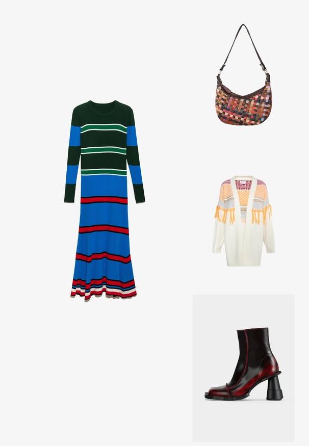 Cremefarvet strikket cardigan med åben front, der har farverige teksturerede mønstre og orange frynser på ærmerne.; Strikkjole med lange ærmer, rund halsudskæring og lodrette striber i dyb grøn, blå og rød, med horisontale accenter i hvid.; Sort og mørkerødt skinnende ankelstøvle med geometrisk chunky hæl og firkantet tå, vist på en ensfarvet lys baggrund.; Lille skuldertaske med flerfarvede vævede læderstrimler og en mørkebrun læderkant og strop mod en hvid baggrund.