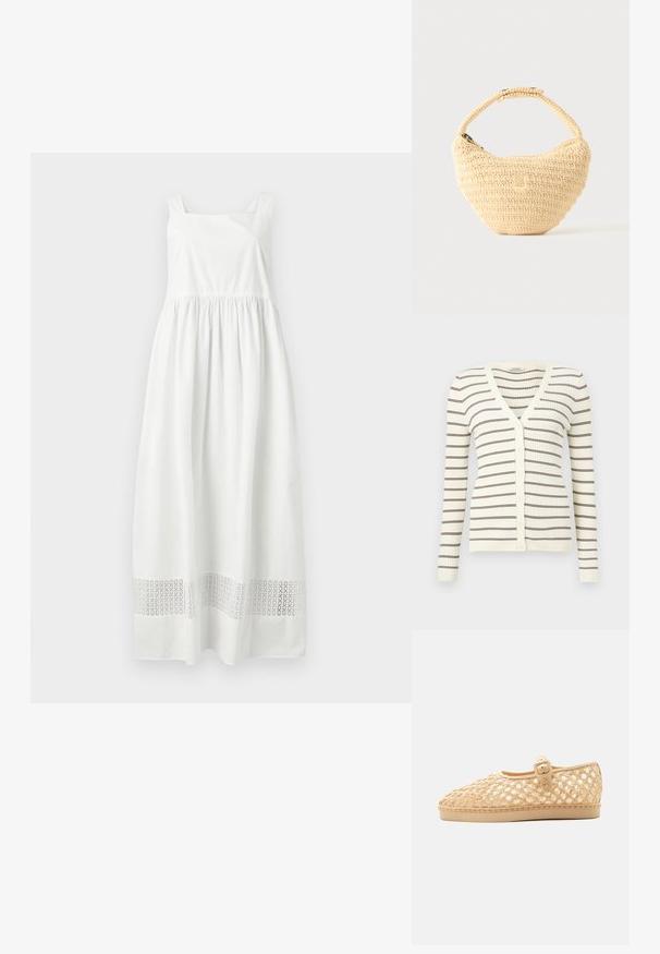 Cardigan crème côtelé à manches longues, rayures horizontales marron, col en V, et boutons sur le devant.; Robe longue blanche sans manches avec taille froncée et bande découpée à motifs près de l'ourlet, présentée sur fond gris.; Chaussure plate tissée beige avec bout fermé, bride à boucle réglable et semelle basse sur fond blanc.; Sac à main beige tissé avec corps arrondi, fermeture éclair et une sangle courte et épaisse dans un style crochet simple et texturé.