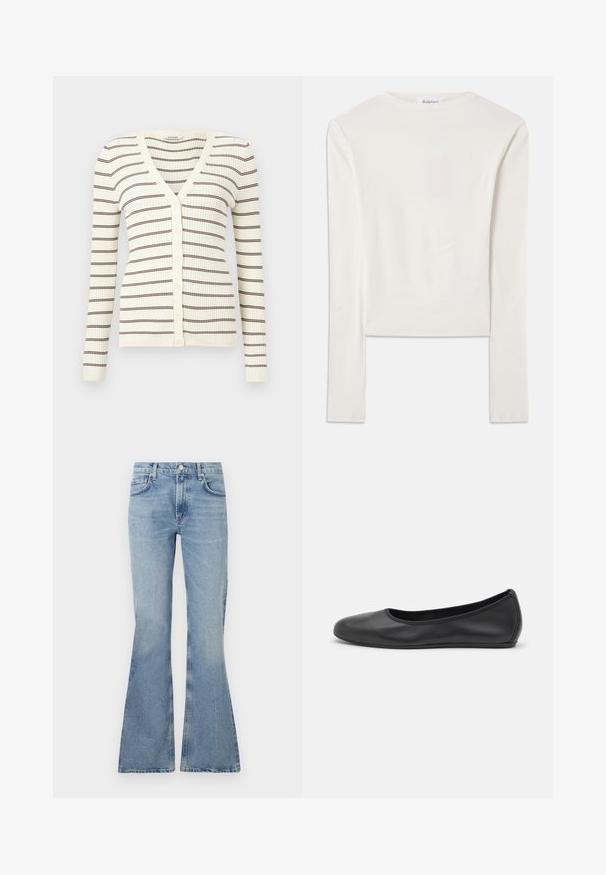 Cardigan crème côtelé à manches longues, rayures horizontales marron, col en V, et boutons sur le devant.; Haut à manches longues blanc en coton, dotée d'un col ras du cou simple et d'une coupe ajustée. Le tissu est lisse avec une légère élasticité.; Jean flare bleu clair en denim, avec taille haute, design à cinq poches et décoloration subtile sur l'ensemble du tissu.; Ballerines en cuir noir avec un bout rond, texture lisse, détails de couture minimalistes et design de semelle flexible.