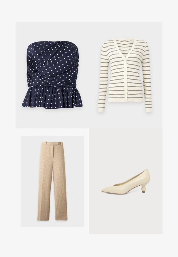 Cardigan crème côtelé à manches longues, rayures horizontales marron, col en V, et boutons sur le devant.; Haut bustier bleu marine à pois blancs, avec tissu froncé et ourlet volanté à la taille.; Pantalon droit à motif pied-de-poule beige et marron clair, avec passants pour ceinture et fermeture devant sur fond blanc.; Chaussure femme couleur crème à bout pointu avec un petit talon rond en forme de boule, sur fond uni.
