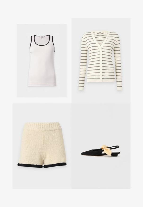 Cardigan crème côtelé à manches longues, rayures horizontales marron, col en V, et boutons sur le devant.; Débardeur blanc sans manches avec bordure noire autour de l'encolure et des emmanchures sur un fond uni.; Shorts en tricot couleur crème avec taille côtelée et bordure noire à l'ourlet, présentés sur un fond clair uni.; NEOUS UBA - Ballerines à brides arrière - black