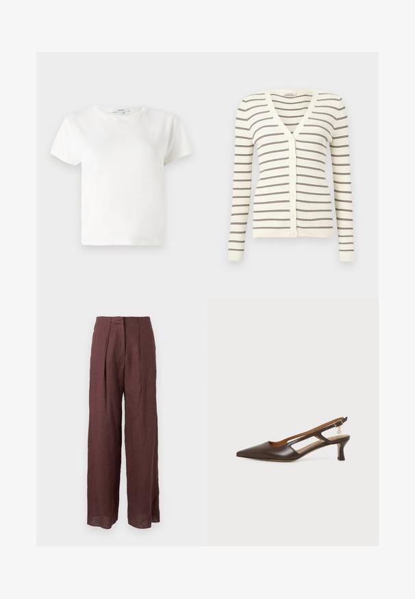 Cardigan crème côtelé à manches longues, rayures horizontales marron, col en V, et boutons sur le devant.; T-shirt en coton blanc à manches courtes, col rond et coupe décontractée. Étiquette visible au niveau du col, texture lisse. Design simple, sans motifs.; Pantalon large taille haute marron foncé avec plis sur le devant et taille structurée, fabriqué en tissu léger.; Chaussure slingback en cuir marron à bout pointu avec un petit talon courbé et un petit charm doré sur la bride réglable à la cheville.