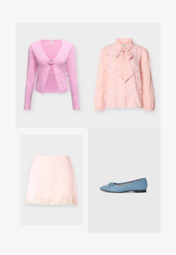 Zachte roze gebreide cardigan met lange mouwen, diepe V-hals en een enkele bloemvormige knoopsluiting middenvoor.; Lichtroze blouse met lange mouwen en een subtiel bloemmotief, knoopsluiting aan de voorkant, opgeblazen schouders en een strikboord.; Lichtroze minirok met gegolfde kanten afwerking aan de zoom, gladde stof en een strak, eenvoudig ontwerp tegen een effen achtergrond.; Lichtblauwe leren ballerina met een puntige neus, voorzien van een kleine strikaccent en een lage zwarte hak. Soepele textuur met stikdetails.