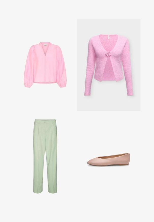 Zachte roze gebreide cardigan met lange mouwen, diepe V-hals en een enkele bloemvormige knoopsluiting middenvoor.; Roze blouse met lange, uitlopende mouwen en een V-hals. Gemaakt van lichtgewicht stof met een gladde textuur en een ontspannen pasvorm.; Licht mintgroene broek met een rechte pasvorm, voorzien van een knoopsluiting en nette plooien, gemaakt van een gladde, lichte stof.; Roze leren ballerina met een puntige neus, gladde textuur, minimale accenten en een effen lichtbruine zool. Eenvoudig ontwerp, zonder versieringen.