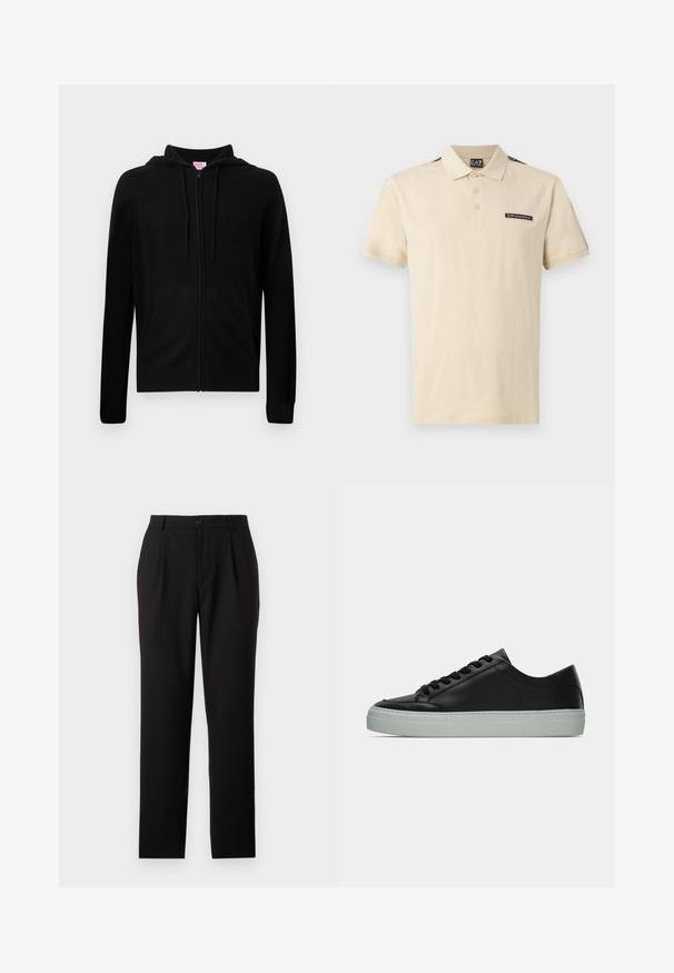 Schwarzer Kapuzenpullover mit Reißverschluss aus weichem Stoff, ausgestattet mit verstellbarer Kapuze, Vordertaschen und gerippten Bündchen an den Ärmeln.; Beiges Kurzarm-Poloshirt mit Kragen, drei Knöpfen und EA7 Emporio Armani-Logo auf der Brust und am Kragenetikett.; Schwarze Anzughose mit geradem Bein, aus glattem Material gefertigt. Sie verfügt über Vorderfalten und einen Knopfverschluss an der Taille.; Schwarzer Ledersneaker mit glatter Oberfläche, ausgestattet mit einer breiten Zehenbox und einer hellgrauen Gummisohle. Schnürsenkel und minimale Akzente vervollständigen das Design.