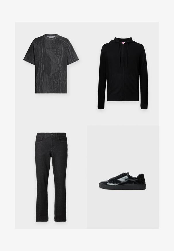 Sweat à capuche noir à fermeture éclair, fabriqué en tissu doux, avec une capuche à cordon, des poches avant et des poignets côtelés aux extrémités des manches.; T-shirt noir à manches courtes avec col rond, motif abstrait gris foncé subtil et tissu texturé, présenté à plat sur un fond clair.; Jean en denim noir avec une coupe droite, un design à cinq poches et une fermeture par bouton. Style classique et texture robuste.; Baskets en cuir verni noir avec un bout arrondi, un laçage, une semelle en caoutchouc texturé et une finition lisse.