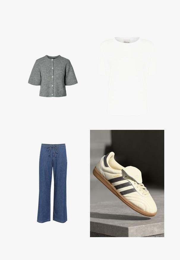 Grå cardigan med korte ærmer lavet af ribbet strikstof med rund halsudskæring og fem knaplukninger, der har en afslappet, boxy facon.; Hvid kortærmet t-shirt lavet af blødt bomuld, med rund halsudskæring og en afslappet pasform, uden synlige mønstre eller accenter.; Denim bukser med bred ben og snoreliv, i en mellemblå farve, lige pasform og diskrete sømdetaljer.; Cremefarvede lædersneakers med tre mørke striber, en brun gummisål og en afrundet tå. Har en foldbar tunge mærket "SAMBA."