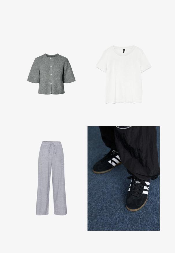 Cárdigan gris de manga corta hecho de tejido de punto acanalado con un cuello redondo y cierre de cinco botones, que presenta una forma relajada y amplia.; Camiseta blanca de manga corta con un cuello redondo, hecha de tejido ligero. Diseño simple, textura suave y dobladillo recto.; Pantalones anchos de rayas grises y blancas con cintura elástica y cordón. Tela ligera con un corte relajado.; Zapatillas deportivas de ante negro con tres rayas blancas y cordones negros. Un pantalón negro texturizado es parcialmente visible al lado de las zapatillas.