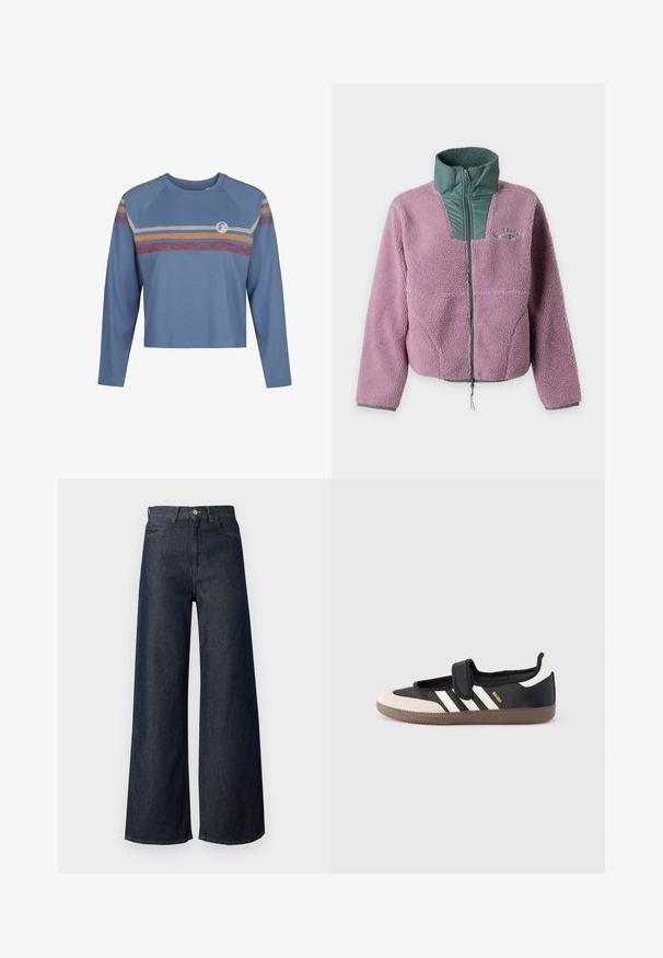 Lilla sherpa fleecejakke med grøn quiltet krave og brystlynlås, lange ærmer og diskret logo på venstre bryst.; Lysblå langærmet crop top med raglanærmer, der har farverige vandrette striber i rød, gul og creme over brystet.; Vidbenede mørkeblå denimjeans med høj talje, der har fem-lomme-design, guld-syning og metal knapdetalje. Glat tekstur over det hele.; Sort og beige sko med velcrolukning, tre hvide striber på siden og en tekstureret brun gummisål. Mærkelogo er synligt.