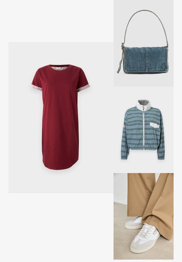 Gekürzte Jacke in Hellblau und Grün mit einem gemusterten Design, weißem Kragen, Frontreißverschluss und einer linken Brusttasche. Strukturiertem Stoff.; Burgunder T-Shirt-Kleid aus Baumwolle mit kurzen Ärmeln und grauen gemusterten Akzenten an den Manschetten. Verfügt über einen runden Ausschnitt und einen geraden Schnitt.; Weiße Sneakers mit Wildlederakzenten, strukturierten Schnürsenkeln und einer Gummisohle. Kombiniert mit lockeren, sandfarbenen Hosen. Logo an der Seite angebracht.; Denim-Schultertasche mit umschlagbarem Design, hellblauer Farbe, sichtbarer Naht, verstellbarem Tragegurt und einem seitlichen Etikettakzent.
