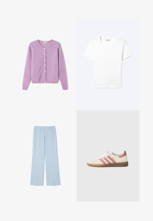 Cardigan lilas en tissu doux et texturé, avec un col en V, des manches longues et une rangée de six boutons nacrés sur le devant.; T-shirt blanc uni à manches courtes et col rond avec une petite étiquette "WEEKDAY" à l'intérieur de l'encolure, présenté à plat sur un fond clair.; Pantalons wide-leg bleu clair en tissu lisse ; dotés d'un devant plat avec des plis pour la structure et sans fermetures visibles.; Baskets en daim beige avec des accents roses, trois bandes roses, des lacets blancs et une semelle en gomme transparente. Marque "Spezial" sur le côté.