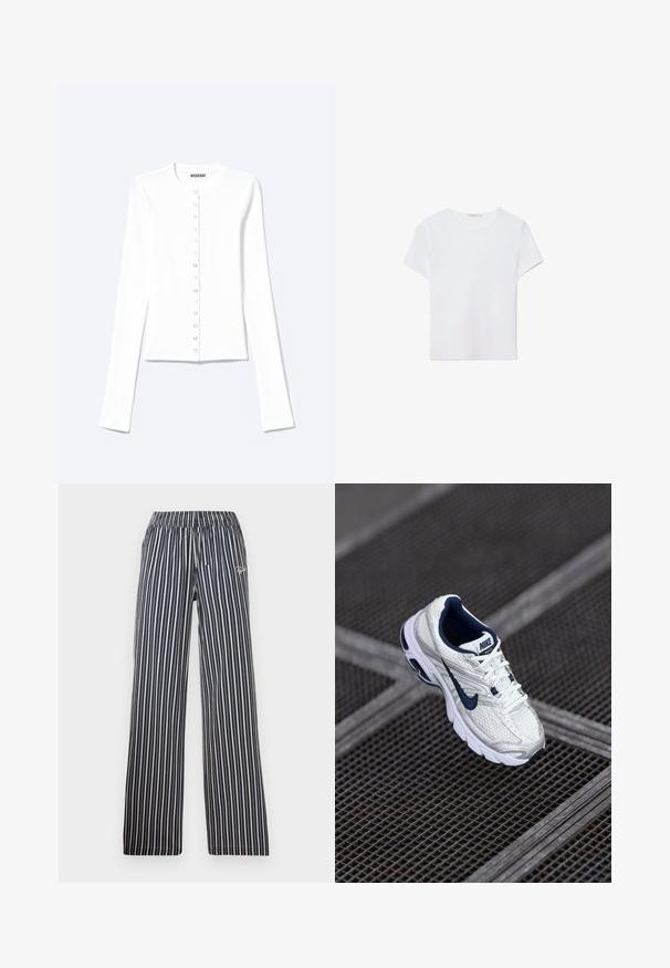 Hvid langærmet cardigan med knapper, rund halsudskæring og metaltrykknapper foran.; Hvid kortærmet t-shirt lavet af blødt stof. Har en rund halsudskæring og et simpelt, rent design med en lige underkant.; Marine- og hvide stribede bukser med elastisk talje, brede ben og broderet logo detaljeret på venstre hofte.; Nike løbesko i hvid og marineblå med en struktureret mesh-overdel, polstret sål og et karakteristisk logo langs siden.