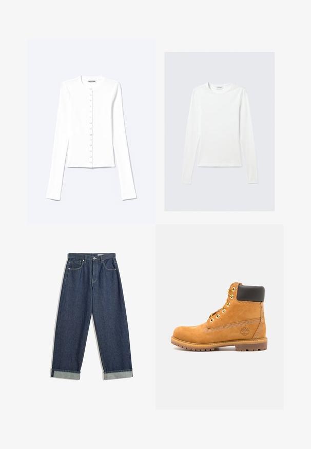Witte cardigan met lange mouwen en knopen, ronde halslijn en metalen drukknoopsluiting aan de voorkant.; Effen wit shirt met lange mouwen en ronde hals, slim fit, afgebeeld tegen een lichtgrijze achtergrond.; Donkerblauwe wijde denim jeans met opgerolde mouwen, voor knoop en rits, riemlussen en vijf zakken.; Bruine leren enkelboot met zwarte voering, gouden oogjes en een gestructureerde zool. Kenmerkt zich door een cirkelvormig logo aan de zijkant en stikselaccenten.