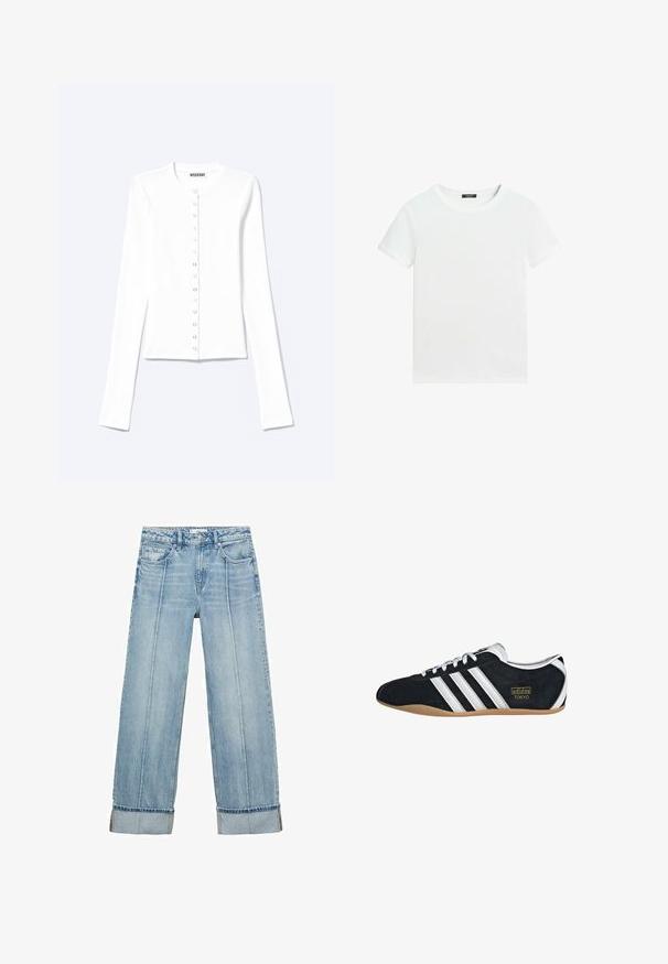 Witte cardigan met lange mouwen en knopen, ronde halslijn en metalen drukknoopsluiting aan de voorkant.; Effen wit T-shirt met korte mouwen, een ronde hals en een klein zwart labeltje aan de binnenkant van de kraag.; Lichtblauwe denim wijde jeans met een hoge taille, voorzien van vijf zakken, zichtbare stiksels en opgerolde zomen bij de manchetten.; Zwarte suède sneaker met witte drie strepen, gouden logo en een bruine rubberen zool. Heeft een laag profiel vetersluiting ontwerp.