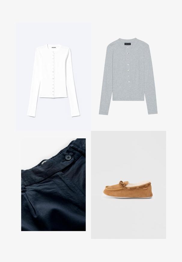 Cardigan blanc à manches longues, boutonné, avec un col rond et des boutons-pression métalliques sur le devant.; Cardigan gris à manches longues en tissu côtelé, présentant un col rond et six boutons frontaux avec une légère brillance.; Pantalons bleu marine en tissu léger avec une ceinture plate, fermeture à bouton et texture subtile. Comprend des poches et des détails de couture.; Mocassin en daim marron avec doublure en fausse fourrure, bout rond et détail de nœud décoratif. Présente une semelle en caoutchouc et un contour contrastant.
